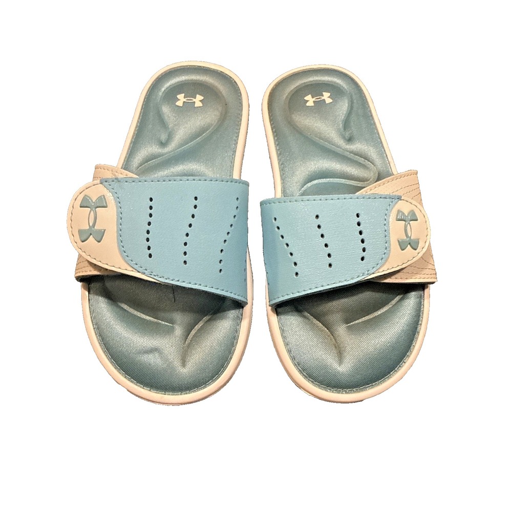 Under Armour Girls Ignite IX Slides Size 3 Blue/White Shoes Athleisure Sandal